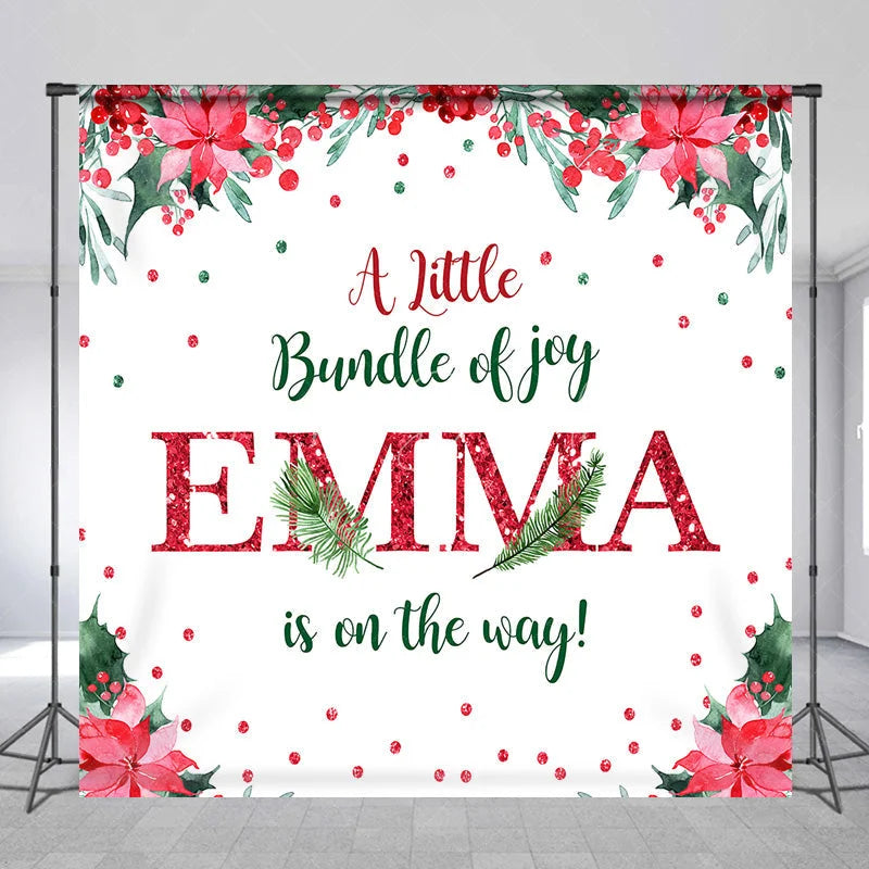 Lofaris Personalized Christmas Baby Shower Backdrop A Little Bundle of Joy Poinsettia Holly Glitter Decor