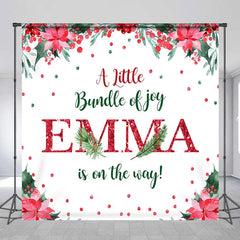Lofaris Personalized Christmas Baby Shower Backdrop A Little Bundle of Joy Poinsettia Holly Glitter Decor