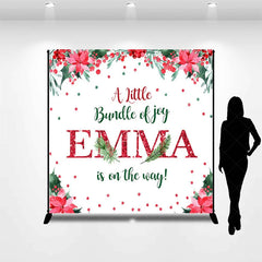 Lofaris Personalized Christmas Baby Shower Backdrop A Little Bundle of Joy Poinsettia Holly Glitter Decor