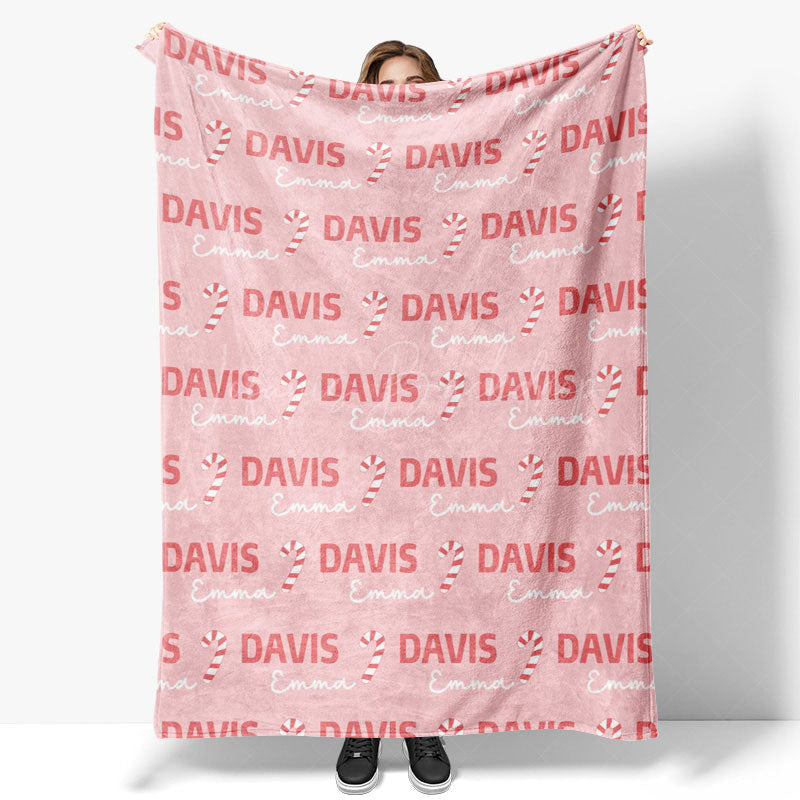 Lofaris Personalized Christmas Candy Cane Blanket with Custom Name Holiday Decor Throw for Kids Pink Xmas Gift