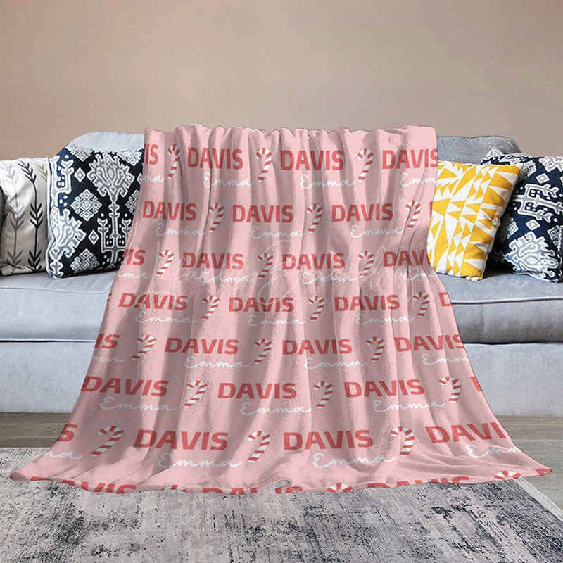 Lofaris Personalized Christmas Candy Cane Blanket with Custom Name Holiday Decor Throw for Kids Pink Xmas Gift