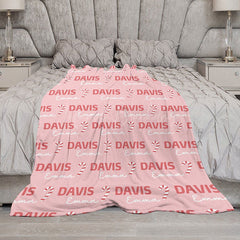 Lofaris Personalized Christmas Candy Cane Blanket with Custom Name Holiday Decor Throw for Kids Pink Xmas Gift