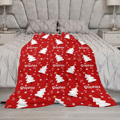 Lofaris Personalized Christmas Tree Blanket with Custom Name Red Holiday Decor White Trees Xmas Gift for Girls