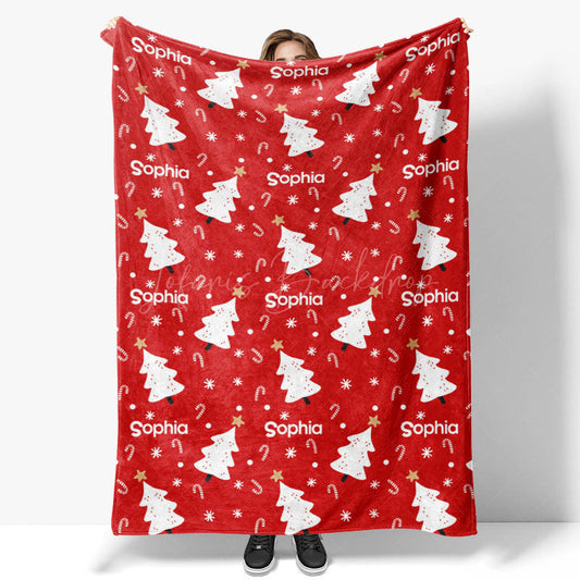 Lofaris Personalized Christmas Tree Blanket with Custom Name Red Holiday Decor White Trees Xmas Gift for Girls
