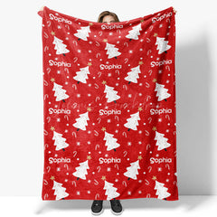 Lofaris Personalized Christmas Tree Blanket with Custom Name Red Holiday Decor White Trees Xmas Gift for Girls