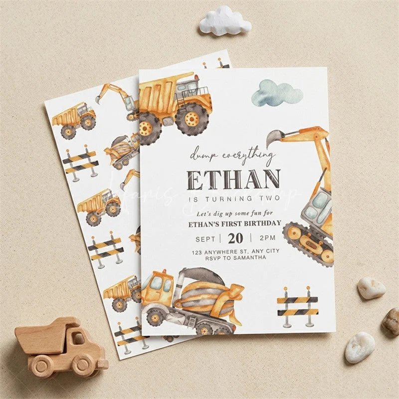 Lofaris Personalized Construction Birthday Invitations Custom Dump Truck and Excavator Party Invites for Kids