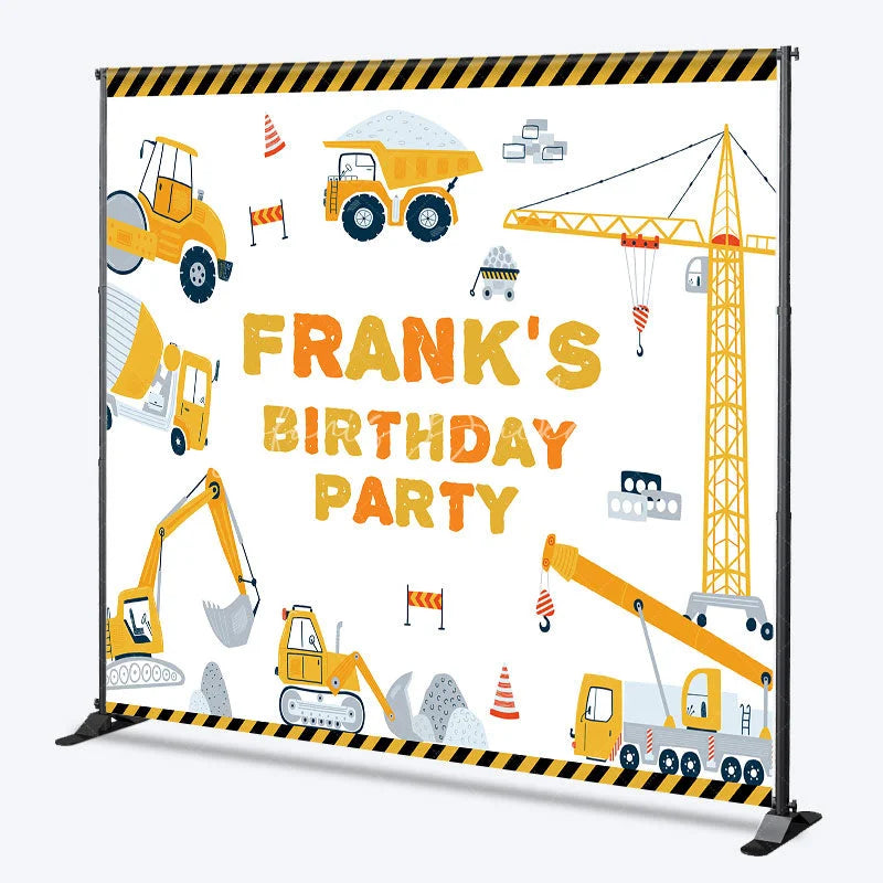 Lofaris Personalized Construction Birthday Party Backdrop Custom Name Yellow Excavator and Crane Truck Background