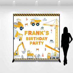 Lofaris Personalized Construction Birthday Party Backdrop Custom Name Yellow Excavator and Crane Truck Background