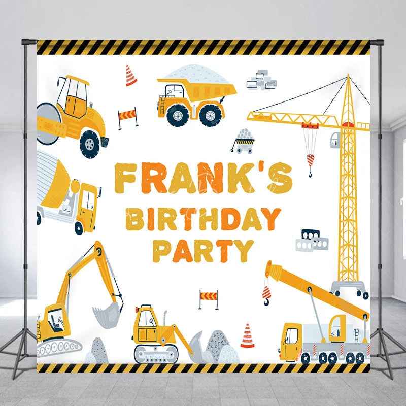 Lofaris Personalized Construction Birthday Party Backdrop Custom Name Yellow Excavator and Crane Truck Background