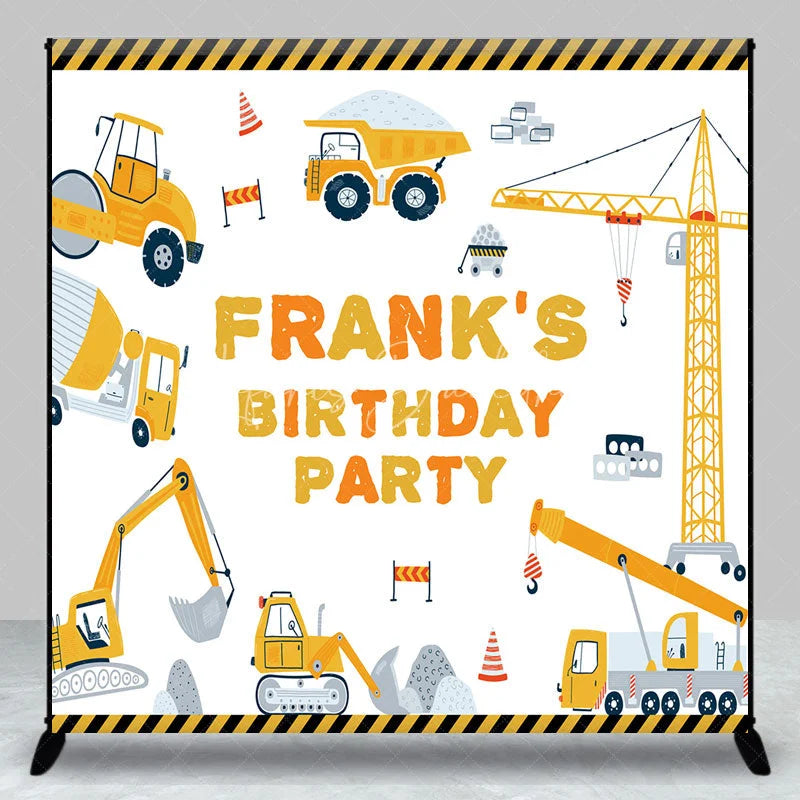Lofaris Personalized Construction Birthday Party Backdrop Custom Name Yellow Excavator and Crane Truck Background
