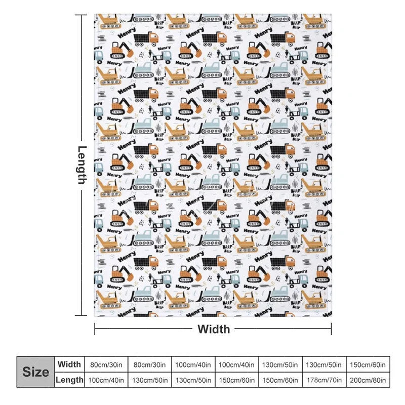 Lofaris Personalized Construction Truck Baby Blanket with Custom Name Excavator and Dump Nursery Decor for Boys