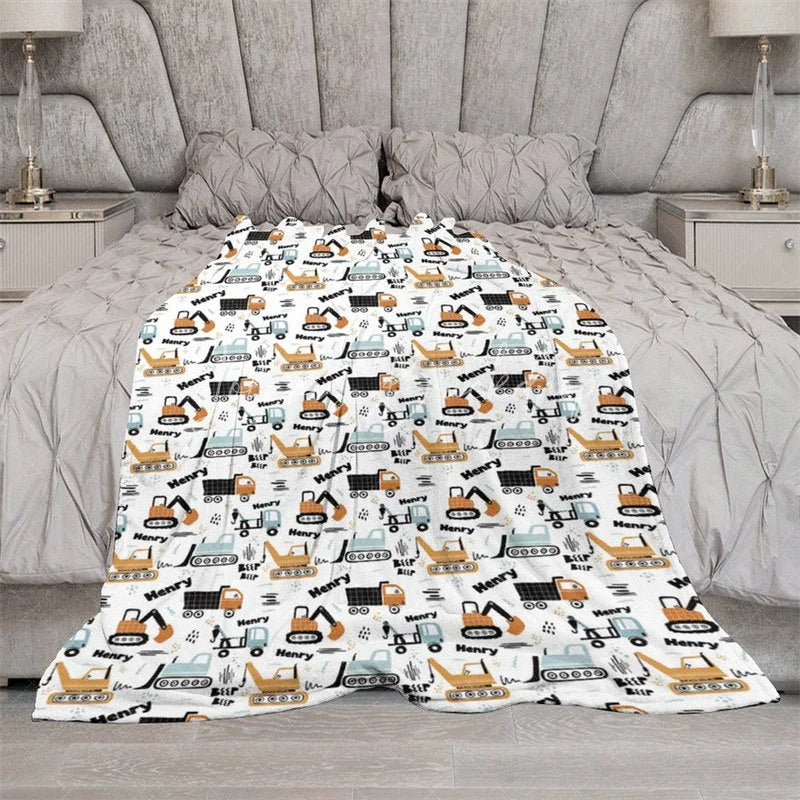 Lofaris Personalized Construction Truck Baby Blanket with Custom Name Excavator and Dump Nursery Decor for Boys