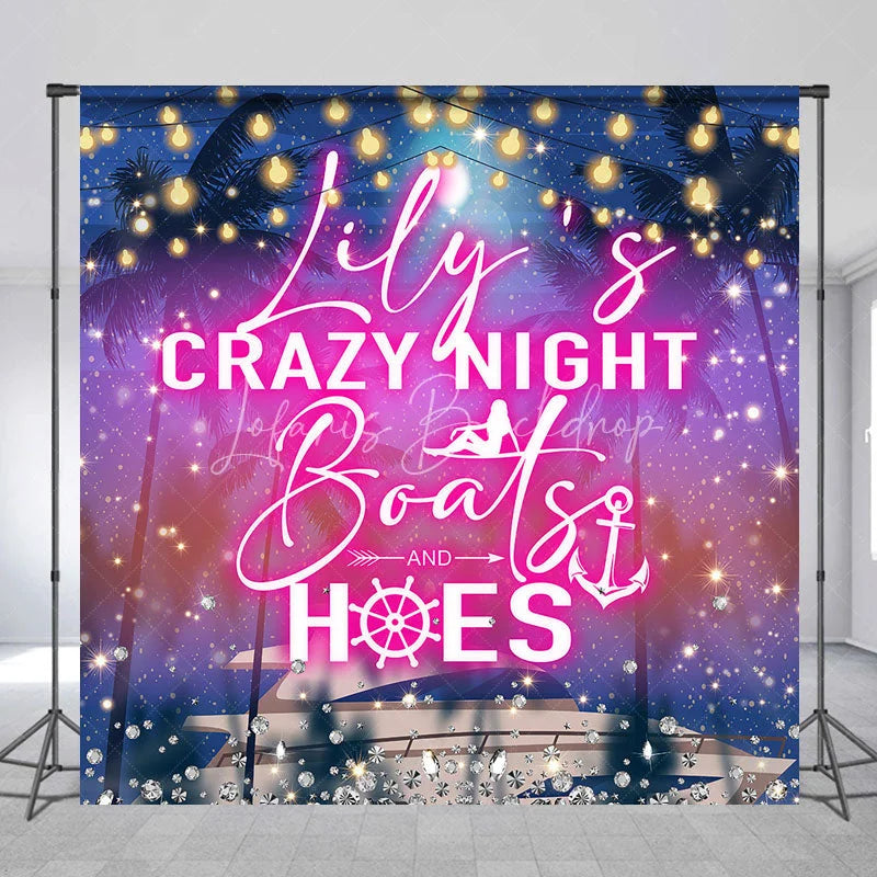 Lofaris Personalized Crazy Night Boat Party Custom Backdrop with Tropical Palm Trees and Glitter Lights
