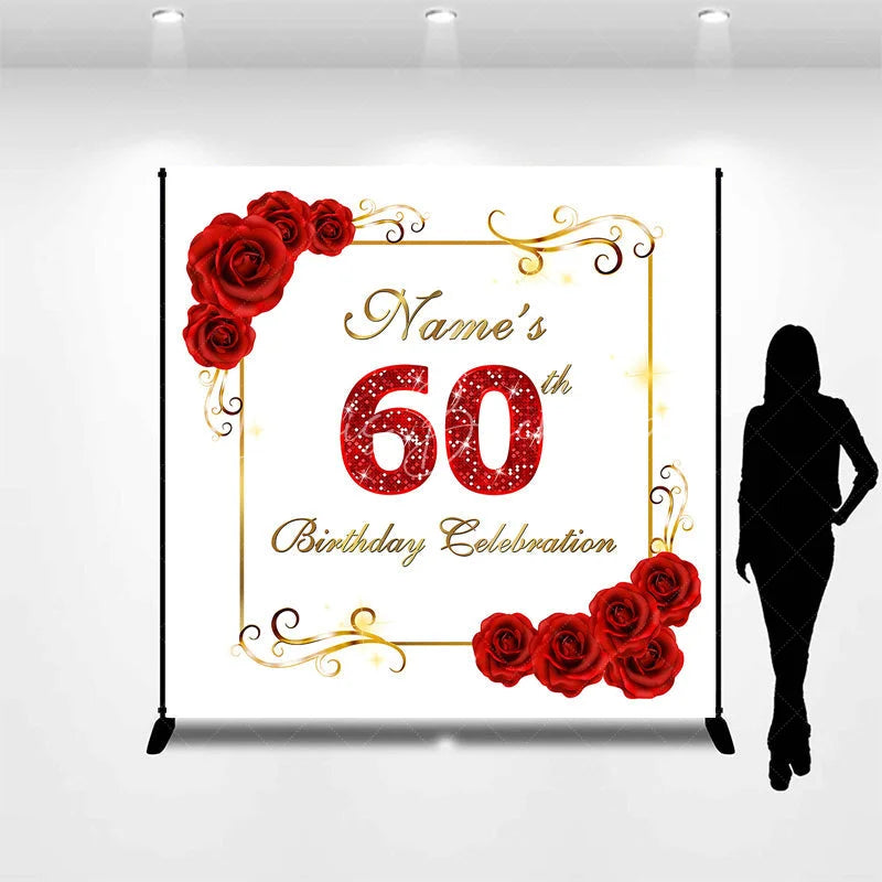 Lofaris Personalized Custom Red Roses Golden Frame Glitter 60th Birthday Celebration Backdrop Elegant Party Decor.