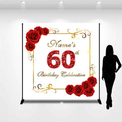 Lofaris Personalized Custom Red Roses Golden Frame Glitter 60th Birthday Celebration Backdrop Elegant Party Decor.