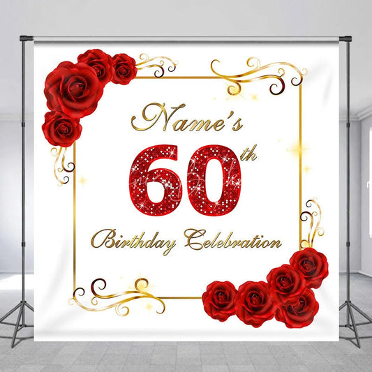 Lofaris Personalized Custom Red Roses Golden Frame Glitter 60th Birthday Celebration Backdrop Elegant Party Decor.