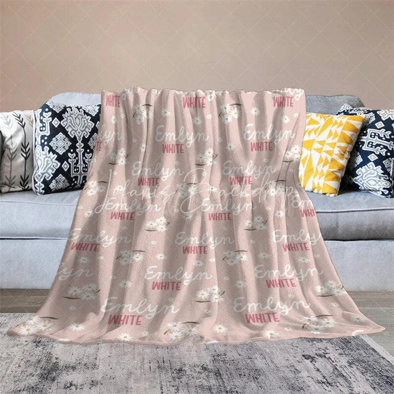 Lofaris Personalized Daisy Floral Blanket with Custom Name Pink Wildflower Theme for Girls Nursery Baby Shower Gift