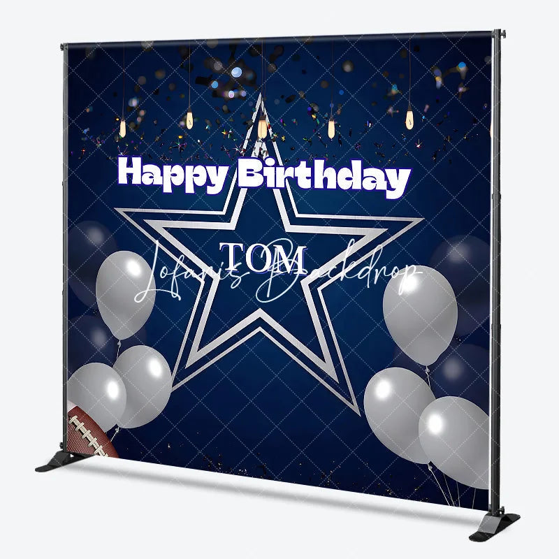 Lofaris Personalized Dark Blue Happy Birthday Sports Star Backdrop Custom Party Decor with Silver Balloons and Confetti.