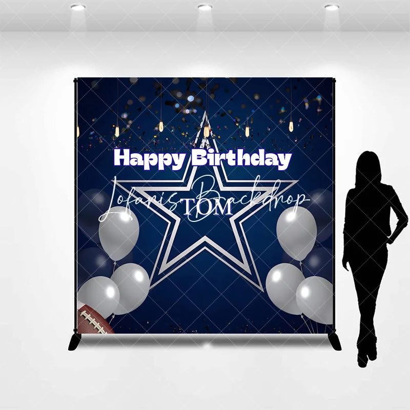 Lofaris Personalized Dark Blue Happy Birthday Sports Star Backdrop Custom Party Decor with Silver Balloons and Confetti.