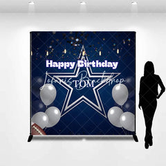 Lofaris Personalized Dark Blue Happy Birthday Sports Star Backdrop Custom Party Decor with Silver Balloons and Confetti.