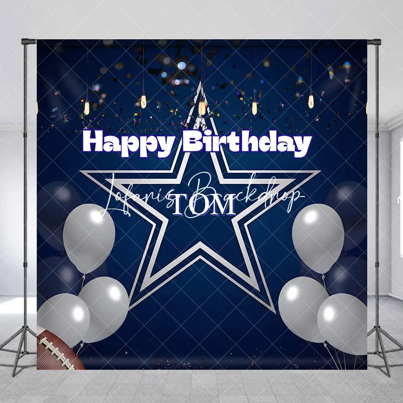Lofaris Personalized Dark Blue Happy Birthday Sports Star Backdrop Custom Party Decor with Silver Balloons and Confetti.