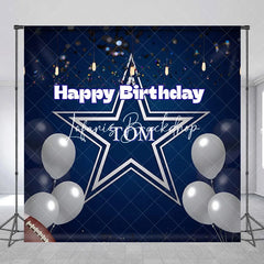 Lofaris Personalized Dark Blue Happy Birthday Sports Star Backdrop Custom Party Decor with Silver Balloons and Confetti.
