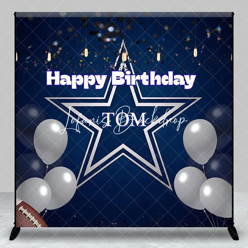 Lofaris Personalized Dark Blue Happy Birthday Sports Star Backdrop Custom Party Decor with Silver Balloons and Confetti.