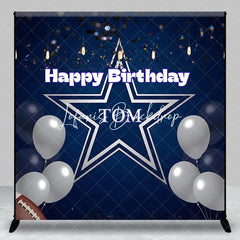 Lofaris Personalized Dark Blue Happy Birthday Sports Star Backdrop Custom Party Decor with Silver Balloons and Confetti.