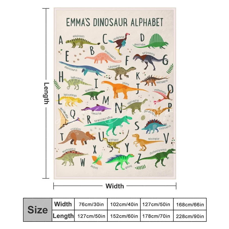 Lofaris Personalized Dinosaur Alphabet Blanket with Custom Name Educational A-Z Dino Chart Fun Nursery Decor for Kids