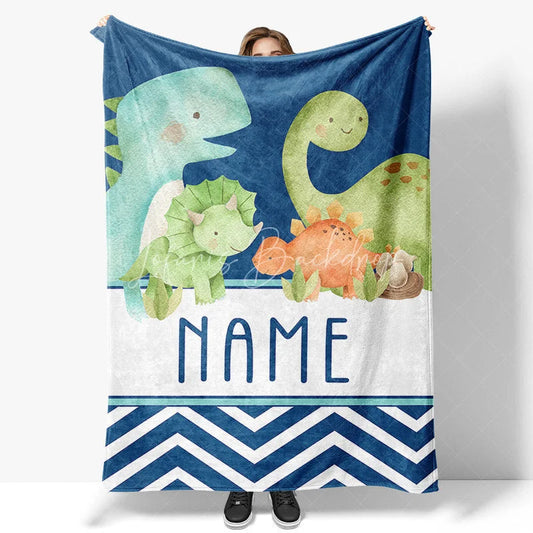 Lofaris Personalized Dinosaur Blanket for Boys with Custom Name Cute Watercolor Dinos on Navy Blue Nursery Baby Shower Gift
