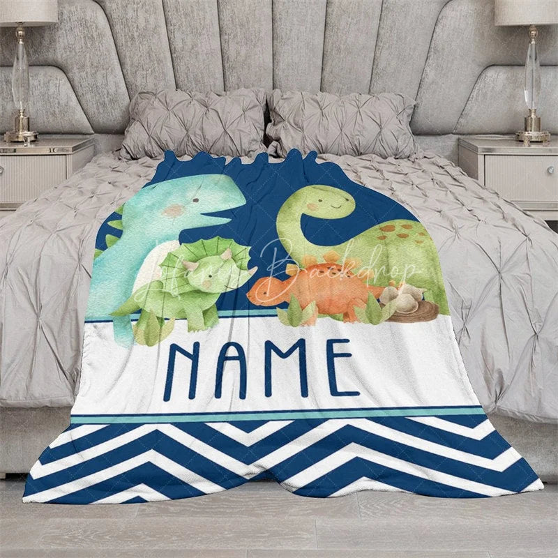 Lofaris Personalized Dinosaur Blanket for Boys with Custom Name Cute Watercolor Dinos on Navy Blue Nursery Baby Shower Gift