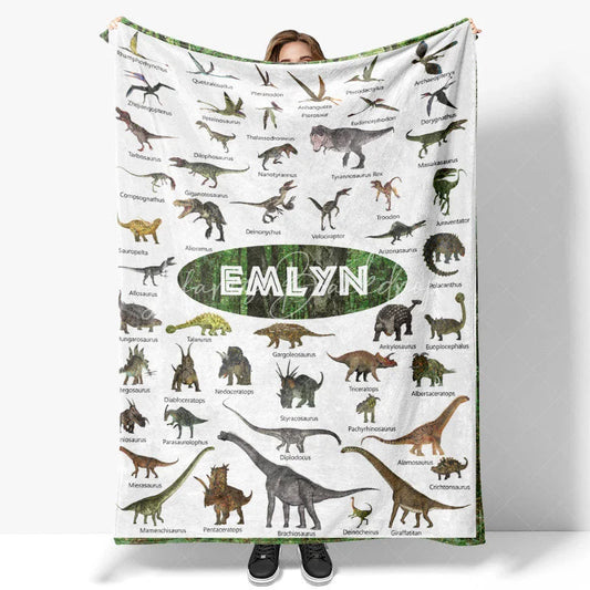 Lofaris Personalized Dinosaur Blanket with Custom Name Educational Chart Realistic Dinos Gift for Boys and Girls