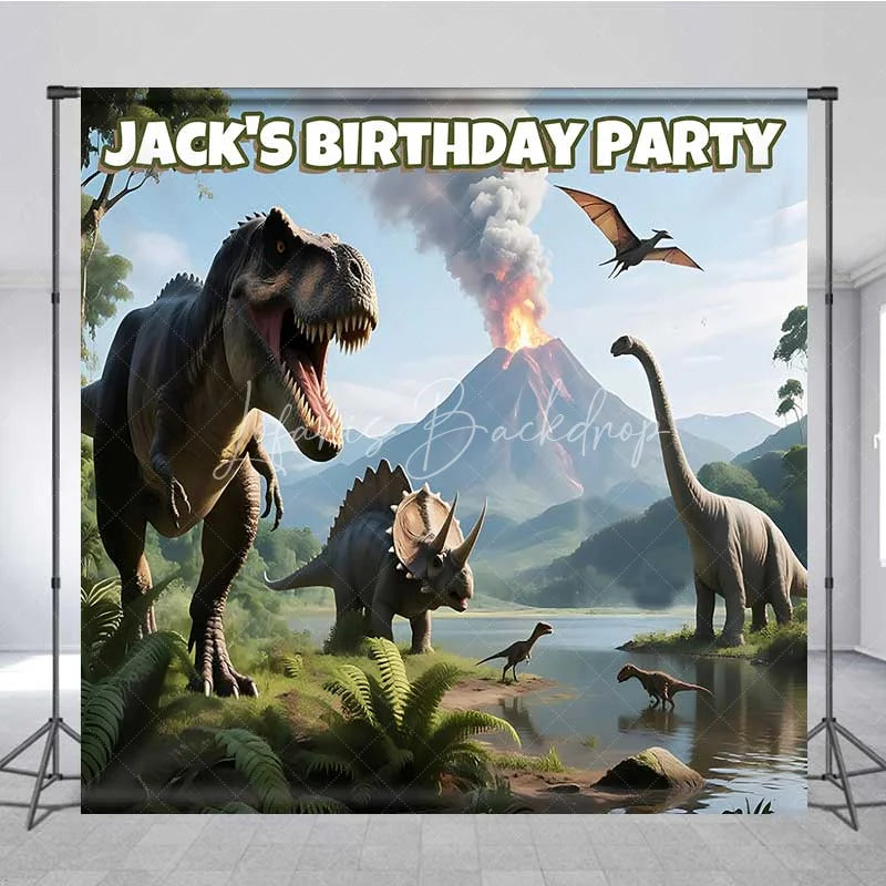 Lofaris Personalized Dinosaur Custom Birthday Backdrop Jungle Volcano T-Rex Boys Party Photography Background