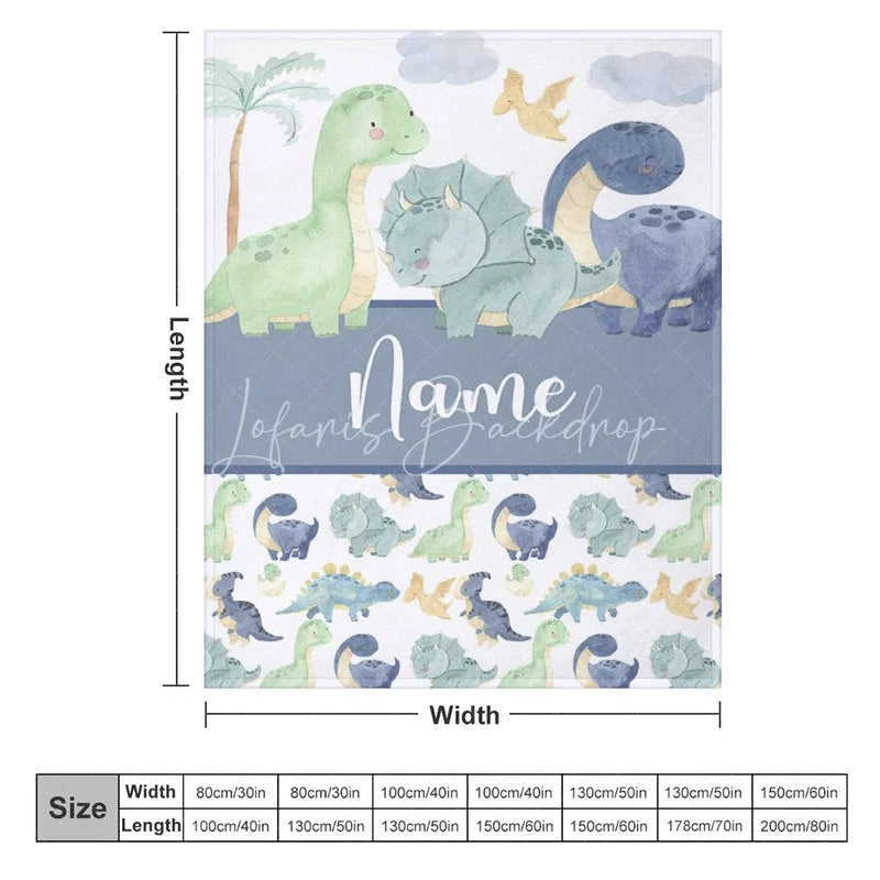 Lofaris Personalized Dinosaur Name Blanket for Boys Cute Watercolor Dino Pattern Custom Nursery Bedding Baby Shower Gift