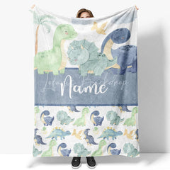 Lofaris Personalized Dinosaur Name Blanket for Boys Cute Watercolor Dino Pattern Custom Nursery Bedding Baby Shower Gift
