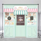 Lofaris Personalized Donut Shoppe Birthday Backdrop Custom Name Pastry Storefront Two Sweet Party Photo Booth Decor