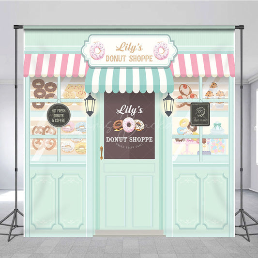 Lofaris Personalized Donut Shoppe Birthday Backdrop Custom Name Pastry Storefront Two Sweet Party Photo Booth Decor