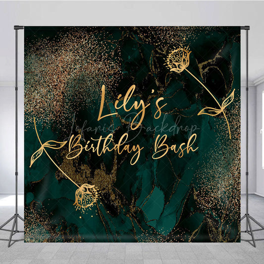 Lofaris Personalized Emerald and Gold Birthday Bash Backdrop Elegant Abstract Marble Custom Name Modern Party Decor
