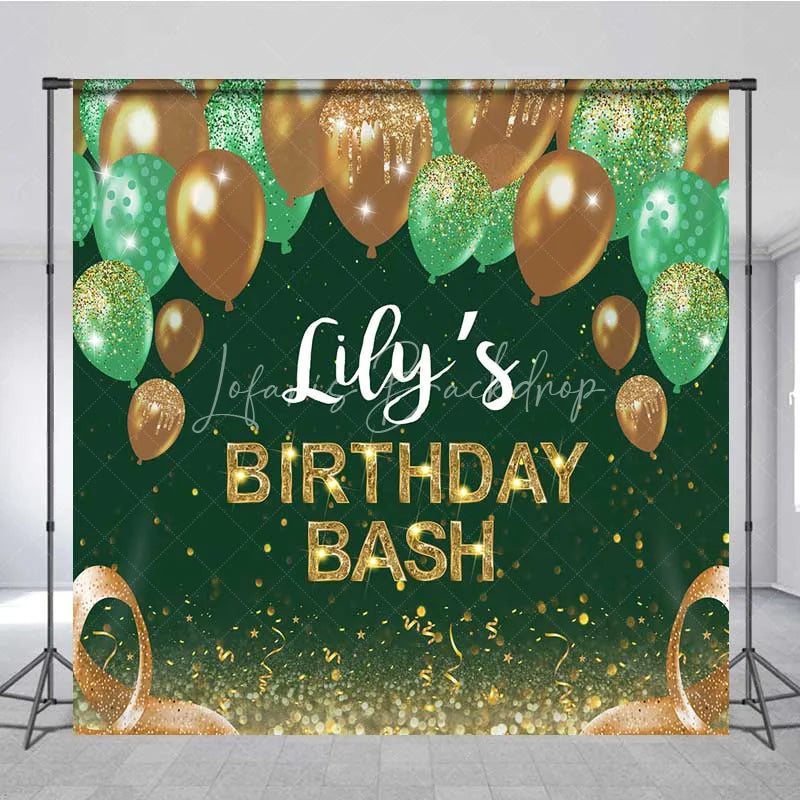 Lofaris Personalized Emerald Green Custom Birthday Backdrop Gold Balloons Glitter Men Women Party Photography Background