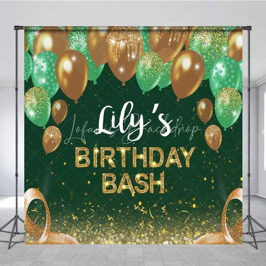 Lofaris Personalized Emerald Green Custom Birthday Backdrop Gold Balloons Glitter Men Women Party Photography Background