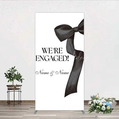 Lofaris Personalized Engagement Rectangle Backdrop Black Bow Minimalist Wedding Sign Decoration