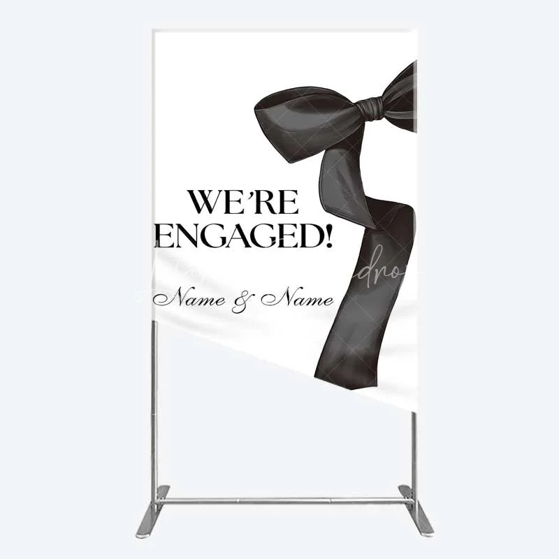 Lofaris Personalized Engagement Rectangle Backdrop Black Bow Minimalist Wedding Sign Decoration