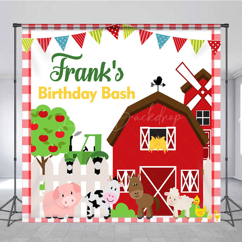 Lofaris Personalized Farm Animals Birthday Bash Backdrop Red Barnyard and Tractor Theme Custom Name Party for Boy