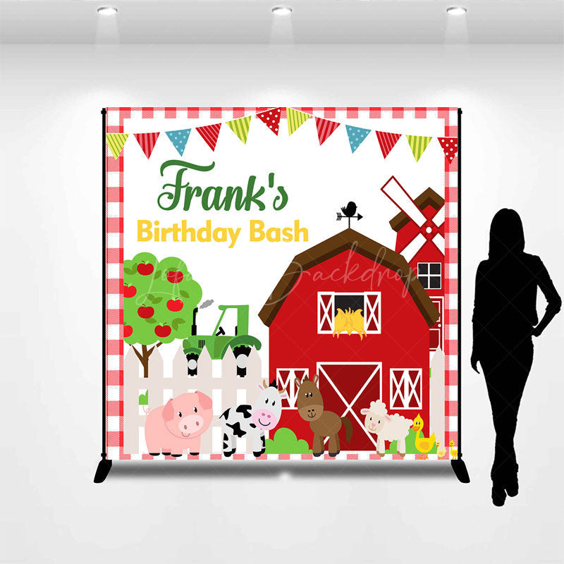 Lofaris Personalized Farm Animals Birthday Bash Backdrop Red Barnyard and Tractor Theme Custom Name Party for Boy