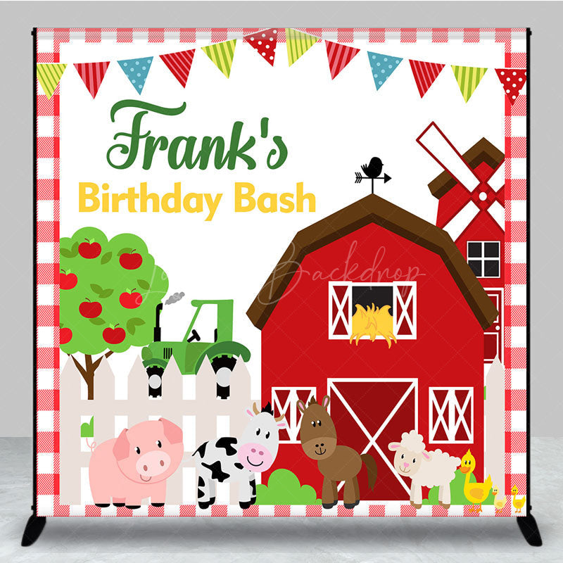 Lofaris Personalized Farm Animals Birthday Bash Backdrop Red Barnyard and Tractor Theme Custom Name Party for Boy