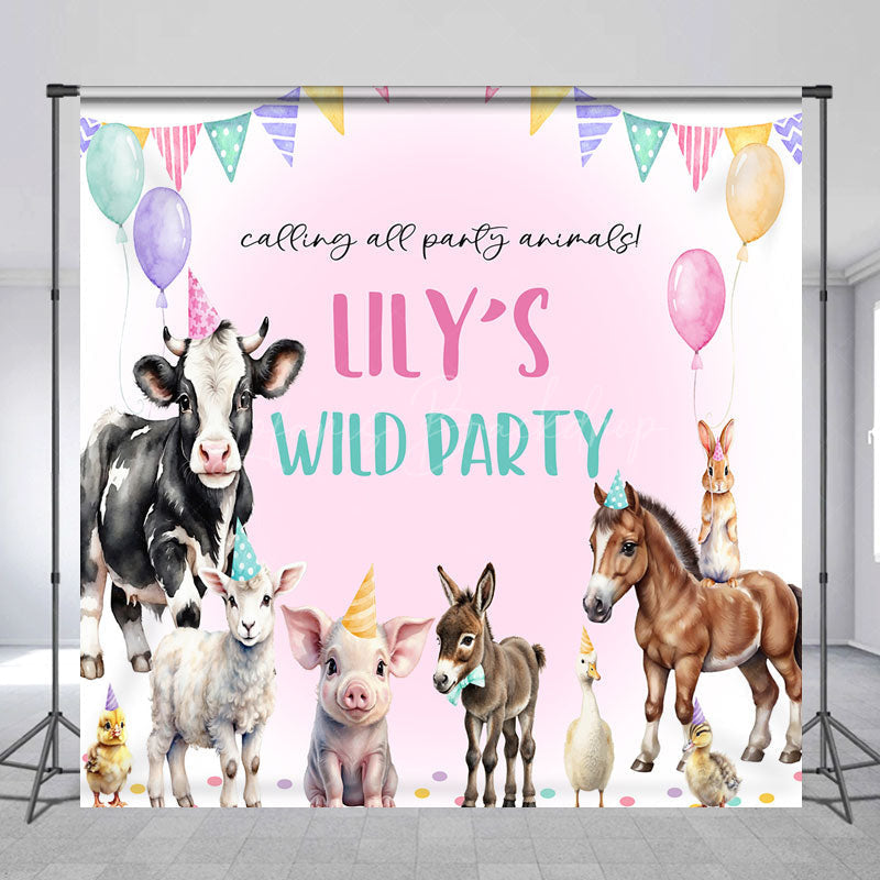Lofaris Personalized Farm Animals Wild Party Backdrop Watercolor Barnyard Friends Custom Name Birthday for Girl