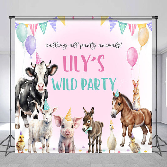 Lofaris Personalized Farm Animals Wild Party Backdrop Watercolor Barnyard Friends Custom Name Birthday for Girl