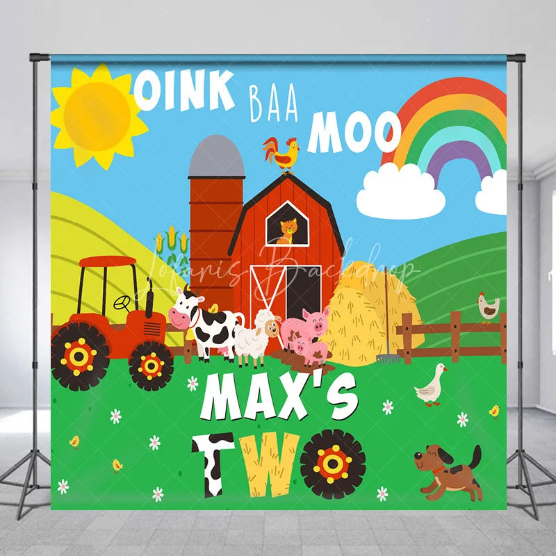 Lofaris Personalized Farm Barnyard Animals Custom Backdrop with Oink Baa Moo Second Birthday Party Decor