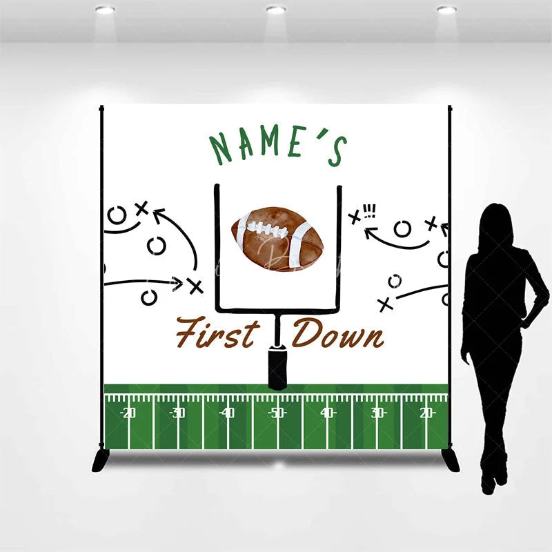 Lofaris Personalized First Down 1st Birthday Backdrop Football Field and Goal Post Sports Background Custom Name Boys Party Decor