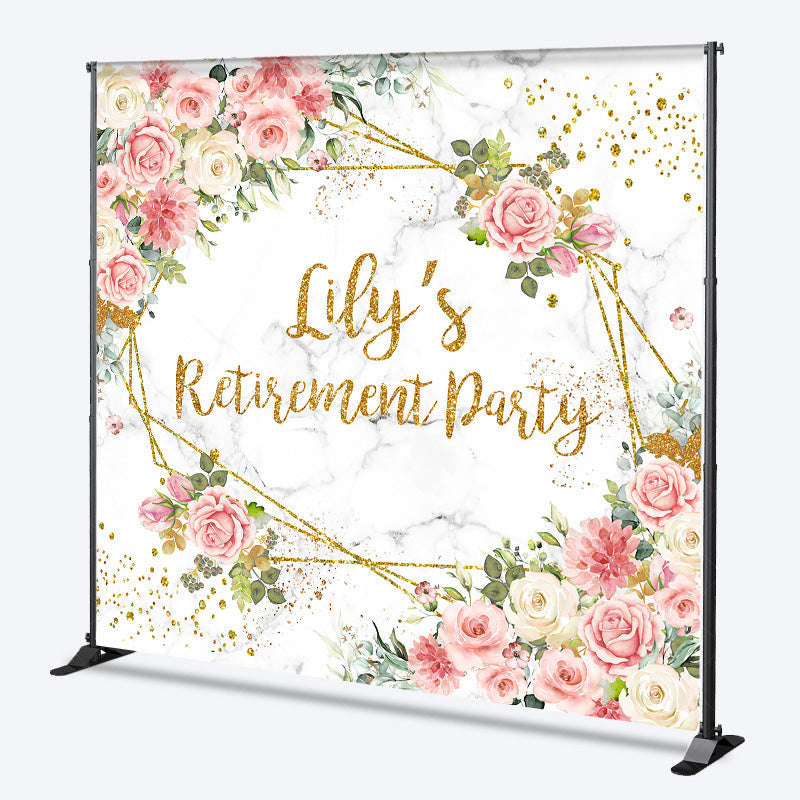 Lofaris Personalized Floral Retirement Party Backdrop Elegant Pink Rose and Gold Geometric Frame Custom Name on Marble Decor